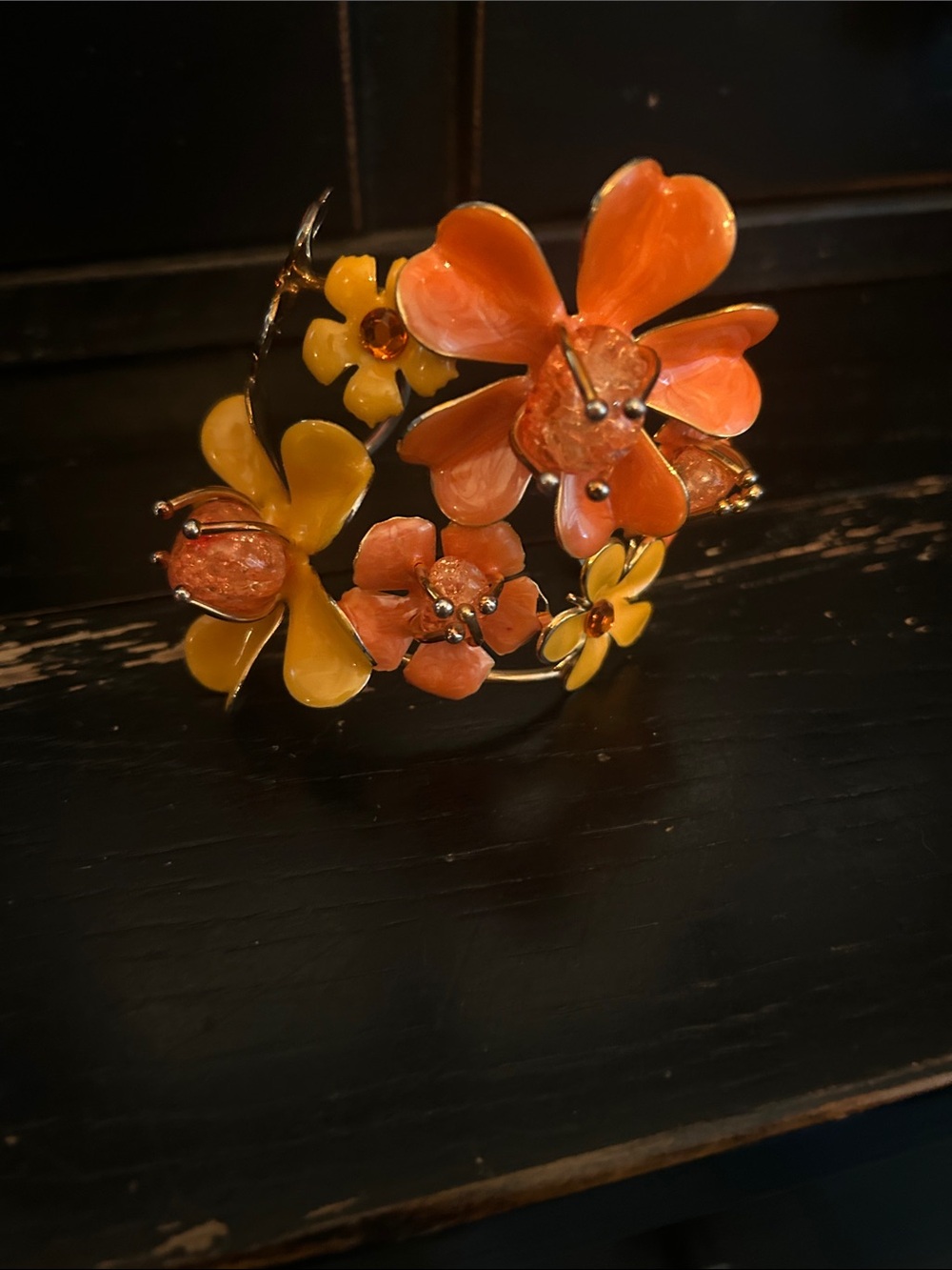 Floral Enamel Cuff Bracelet - Orange & Yellow